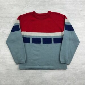 Vintage Y2K Swag Sweater Size Medium Blue Red Striped Pull Over Grandpa Boho